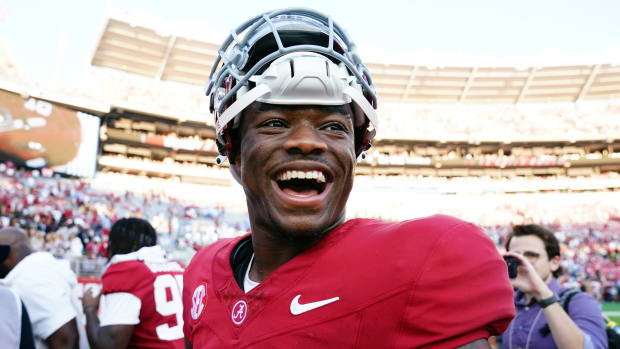 Sep 23, 2023; Tuscaloosa, Alabama, USA; Alabama Crimson Tide quarterback Jalen Milroe (4) celebrates after Alabama defeated the Mississippi Rebels 24-10 at Bryant-Denny Stadium. Mandatory Credit: John David Mercer-USA TODAY Sports